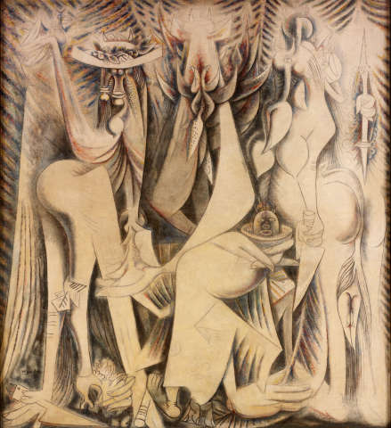 A painting of distorted, elongated humanoid and animal-like figures rendered with a light, muted color palette, their forms blending surreally into a shaded, textured background. 