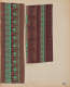 Page with two vertical designs in green and shades of brown. The left features arches and horizontal stripes while the right has zigzag and vertical striping combined with textured accents.