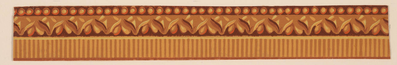 A border with a thin band of repeating circles, a wider middle section of leaf-like chapes, and a broad base of thin vertical stripes in brown and dark yellow tones.