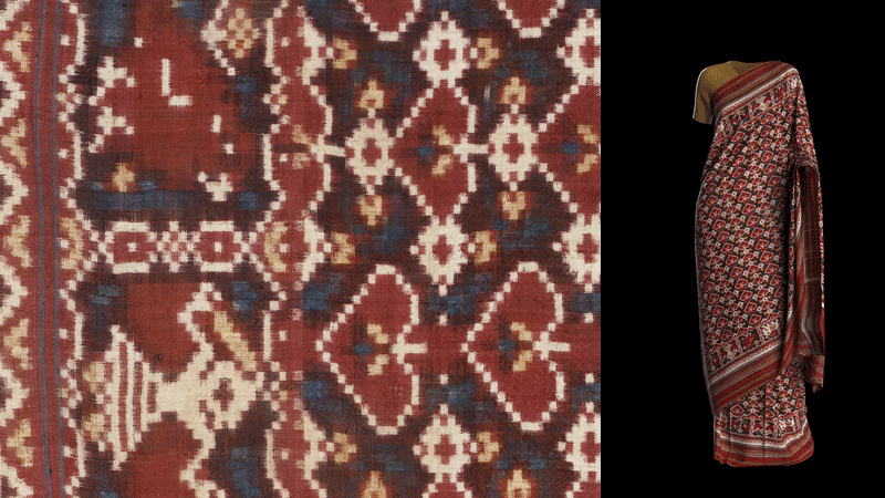 Textile with a dense geometric pattern in dark reds and blues accented by small white squares besides a full-length draped garment made of the same fabric on a black background.