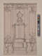 A pen and ink design plan for a Rococo interior corner containing a clock, bureau, table, and elaborate candelabra.