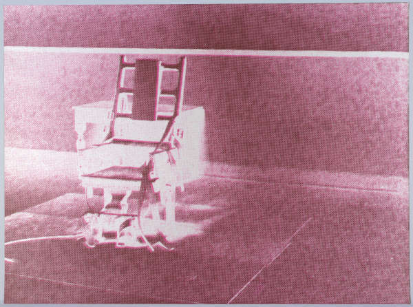 Monochromatic dusty purple image of a blurred electric chair set off center to the left.