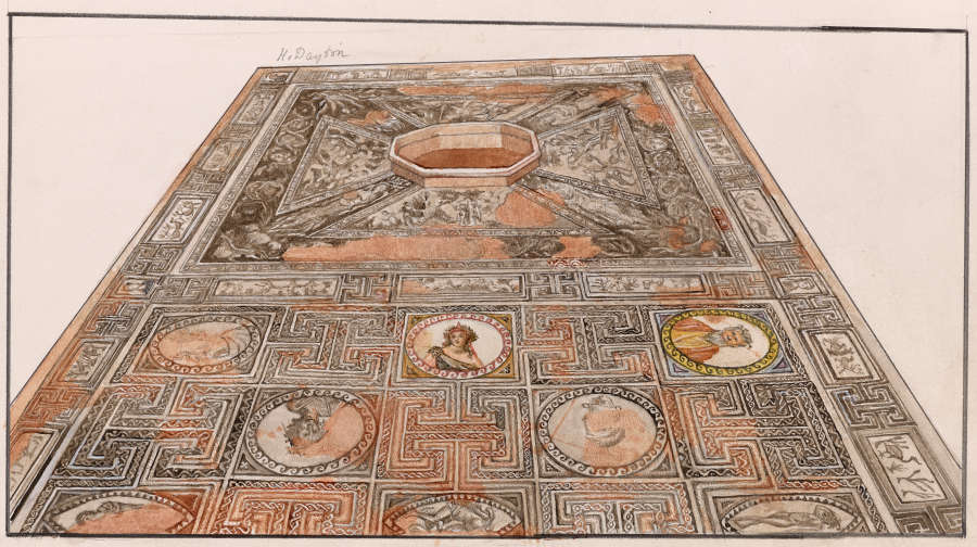 Illustration of a mosaic floor featuring geometric patterns and circular portraits in a rusty brown and black. 