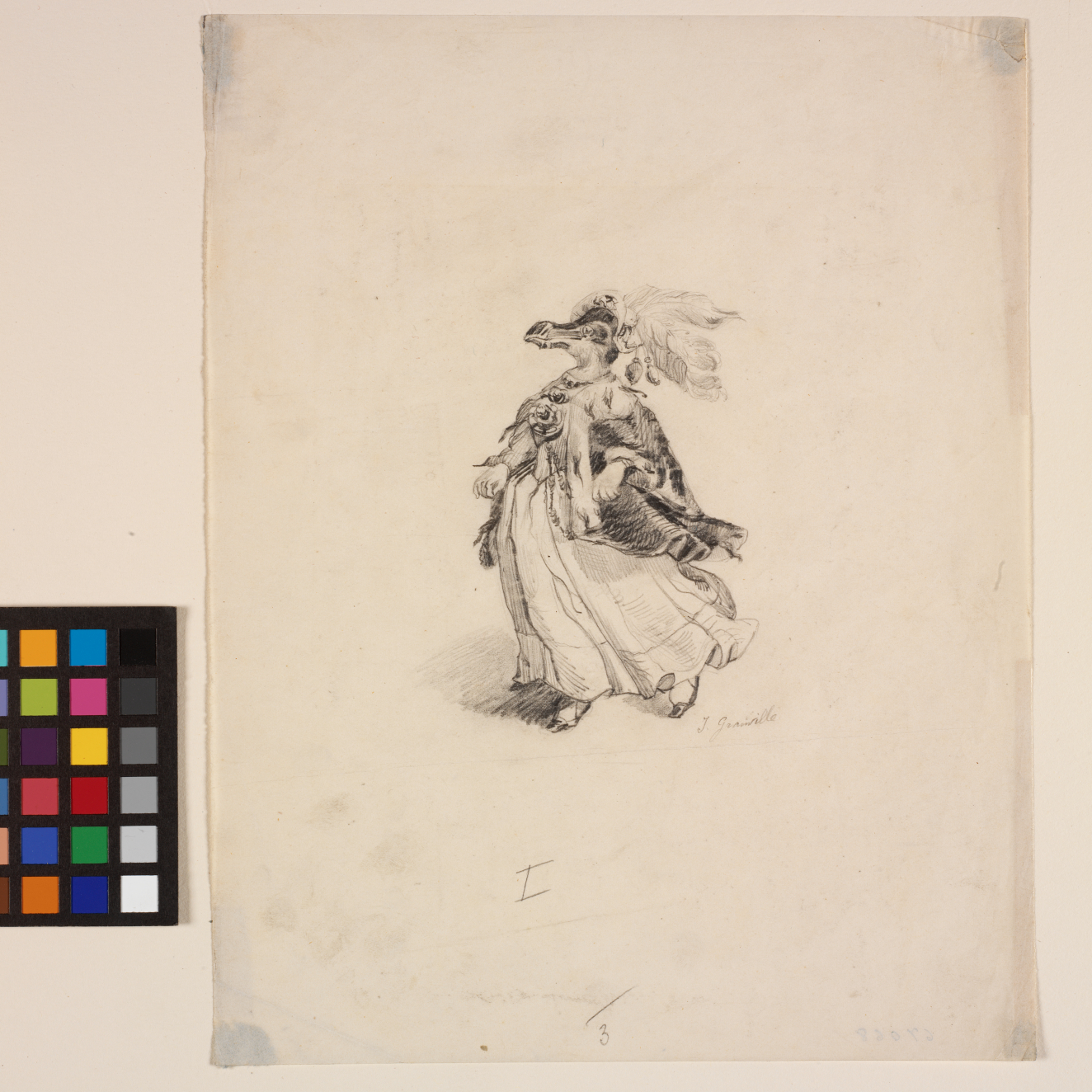 A satirical pencil drawing of an anamorphic penguin dressed as a 19th century princess in full profile. Facing left, the penguin woman wears an extravagant gown, cape and hat.