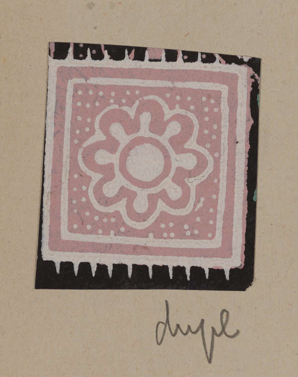 A pink square with a white floral design at center, accented by white dots and jagged edges set on a black background.