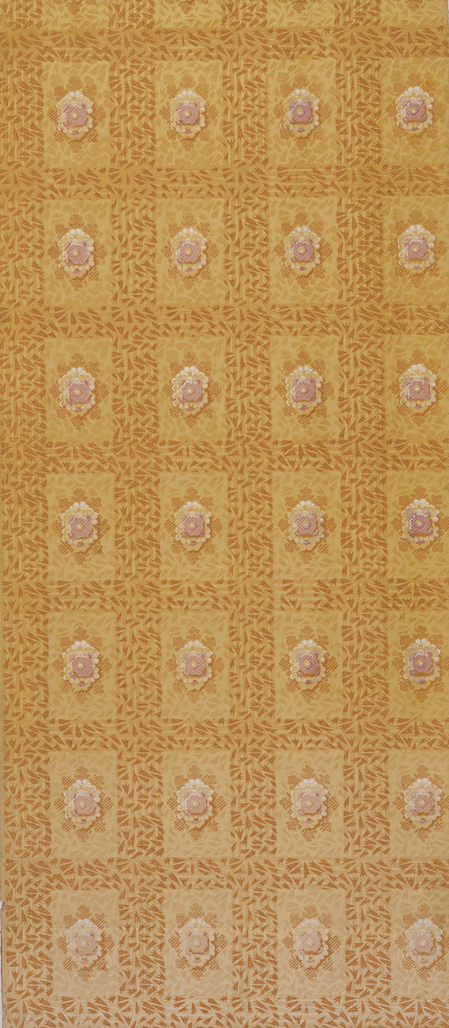 Repetitive design of white rosettes arranged in a grid set against a golden yellow background with a subtle leafy pattern.