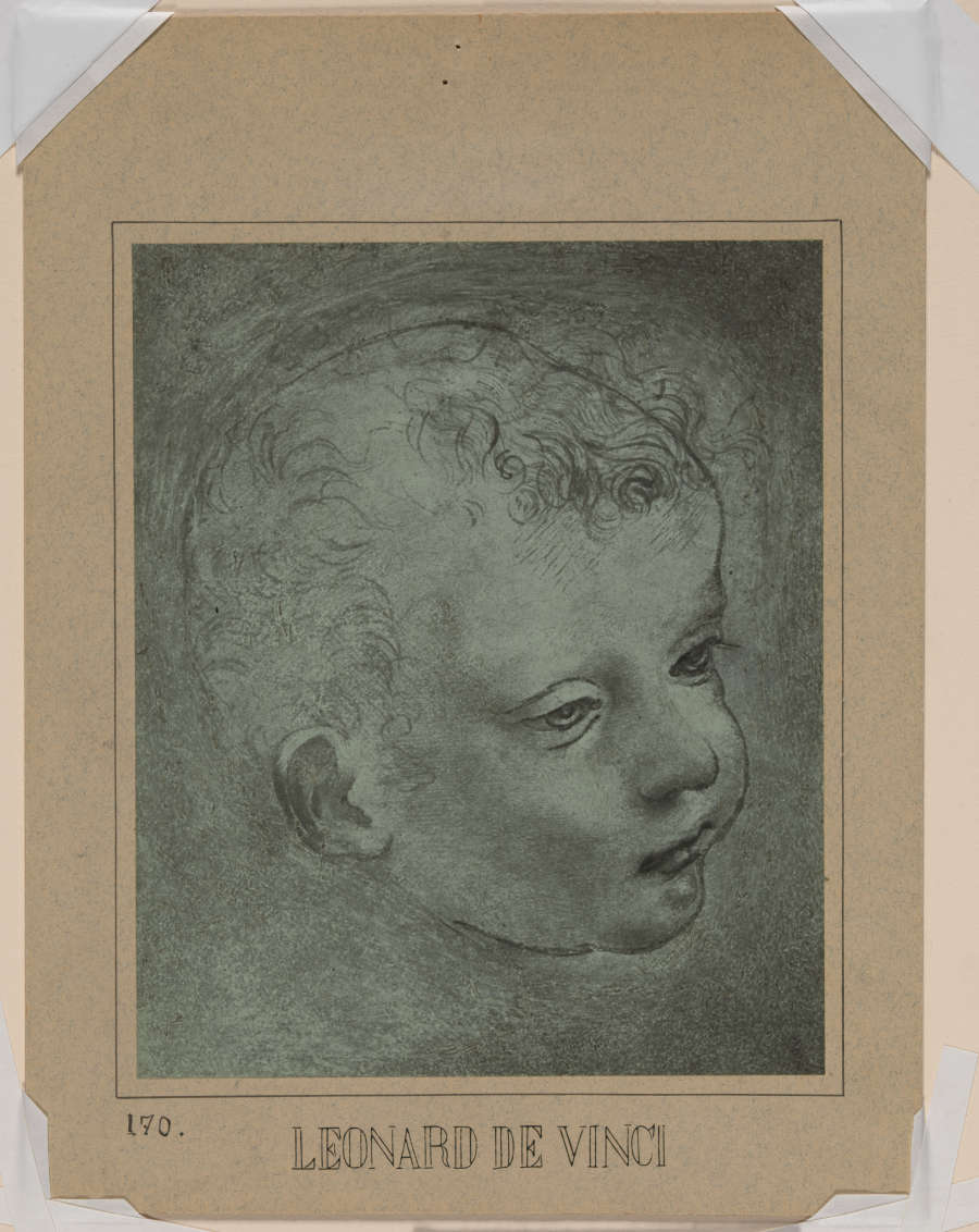 A drawing of a young child with soft curls on a greenish gray surface with a beige border.