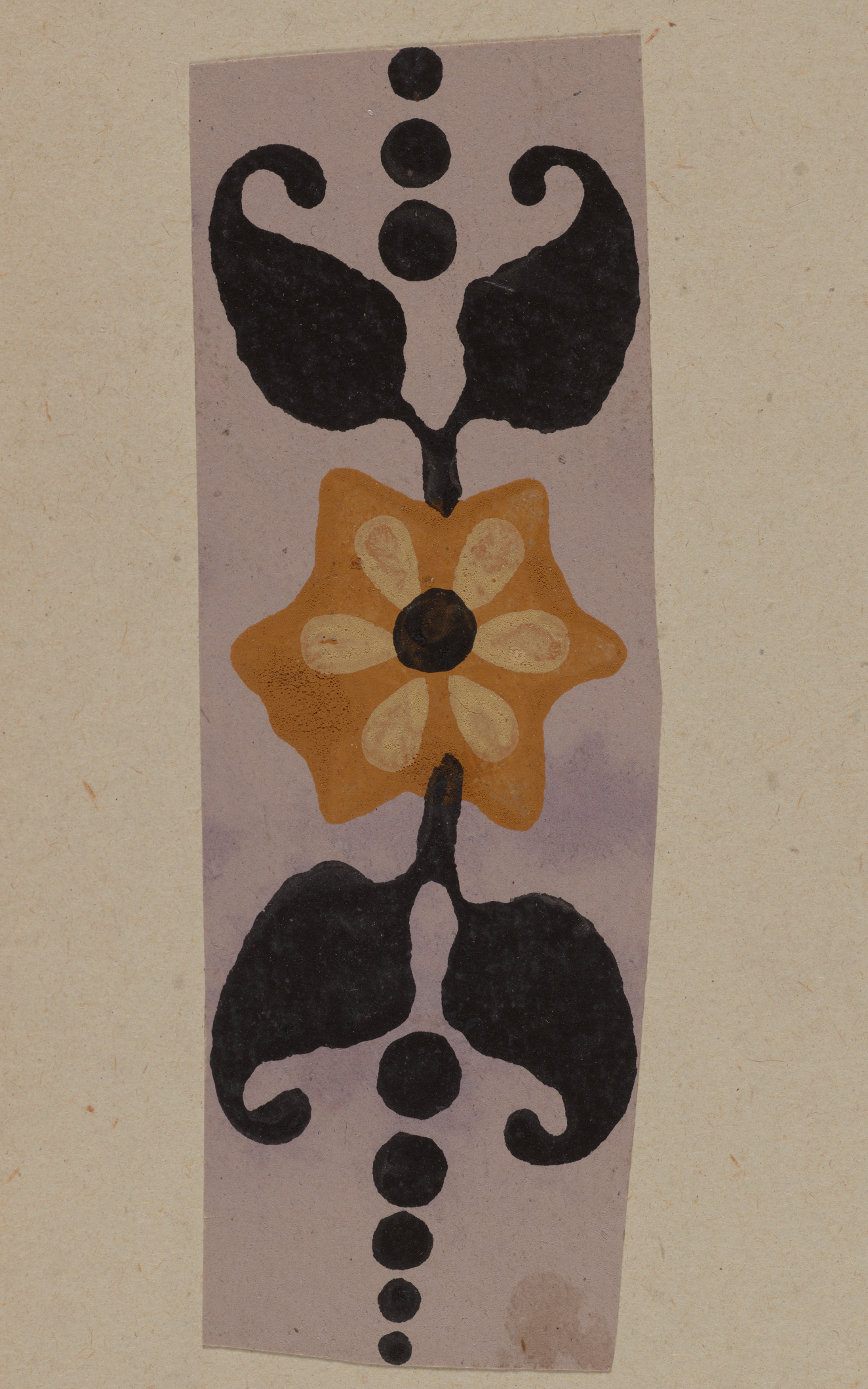 Vertical decorative strip featuring a yellow flower with a black center and lighter highlights, surrounded by  symmetrical black leaves and a vertical line of black dots on a neutral backdrop.