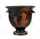 Another view of a stout black bowl with a wide foot and two handles. The terracotta illustrations of figures and patterns decorating it are partial, obscured by black filling.
