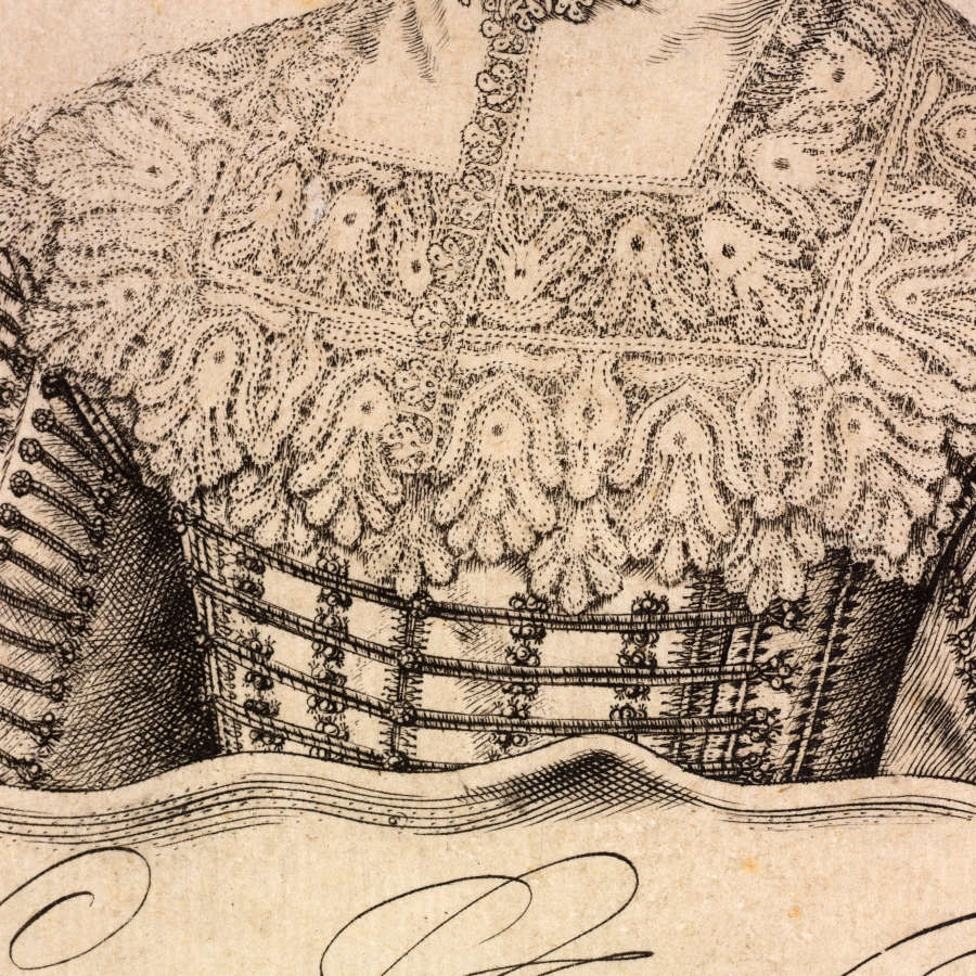 A close-up of an illustrated dress decorated with densely layered lacework and embroidered boning.