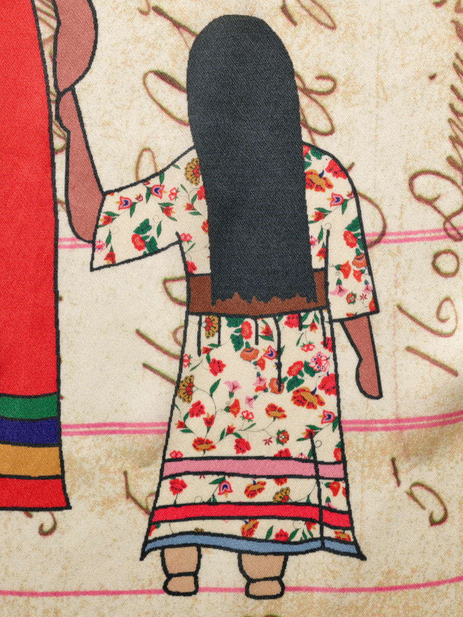 Scarf detail, showing the back of a long-haired, short child in a white floral dress holding hands with a taller figure. The background features pink lines and scripture patterning.