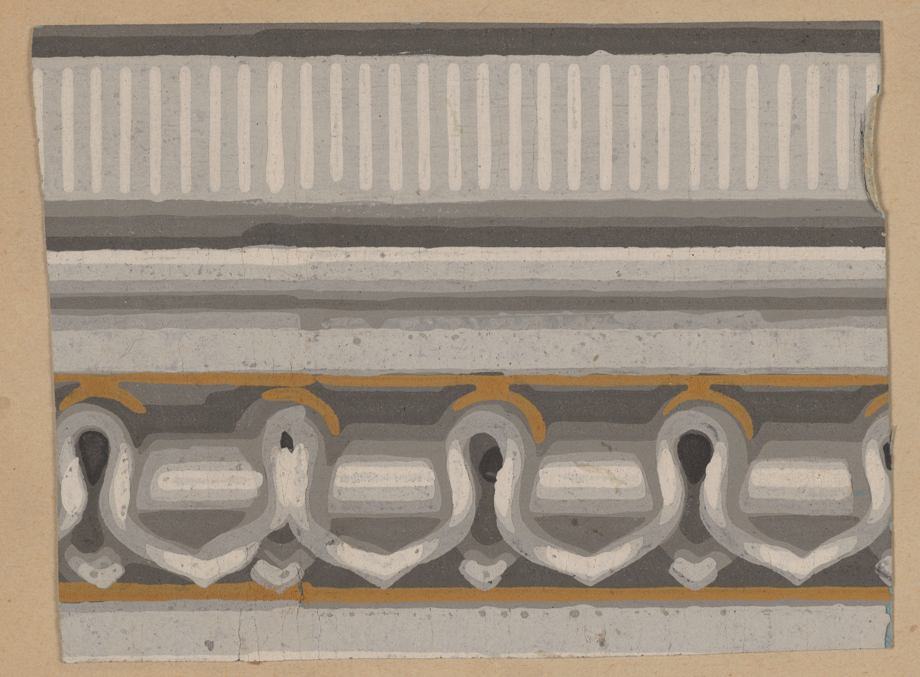 Horizontal decorative design featuring interlocking arched patterns in shades of gray with gold accents below rows of horizontal stripes, with repeating light vertical stripes above.