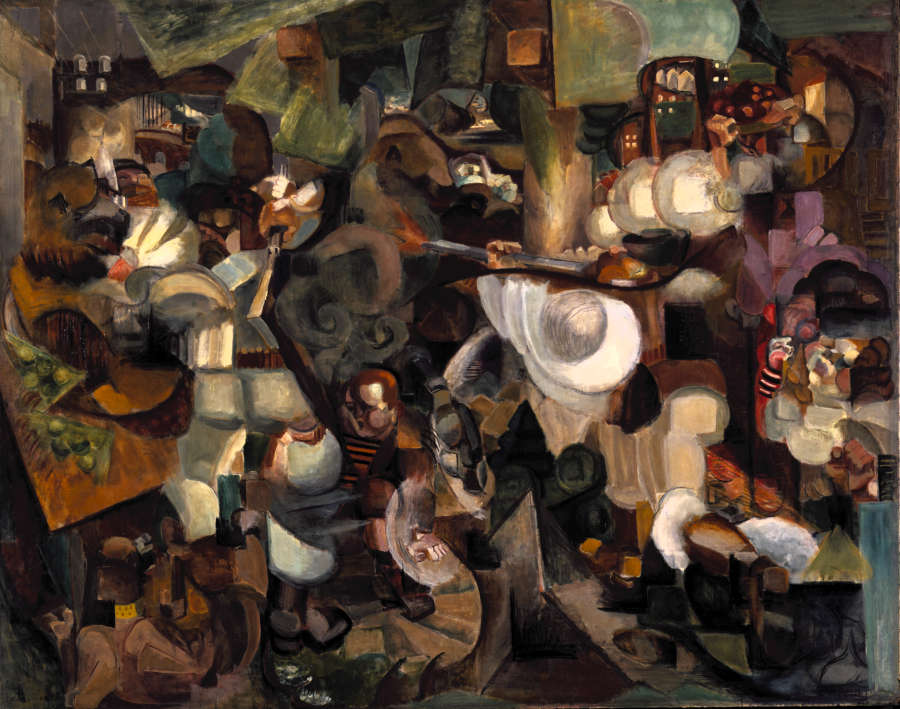 An abstract earth-toned painting depicts a bustling scene. The work features various figures, trees, abstract forms and urban elements with  fragmented geometric shapes.