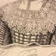 A close-up of an illustrated dress decorated with densely layered lacework and embroidered boning.