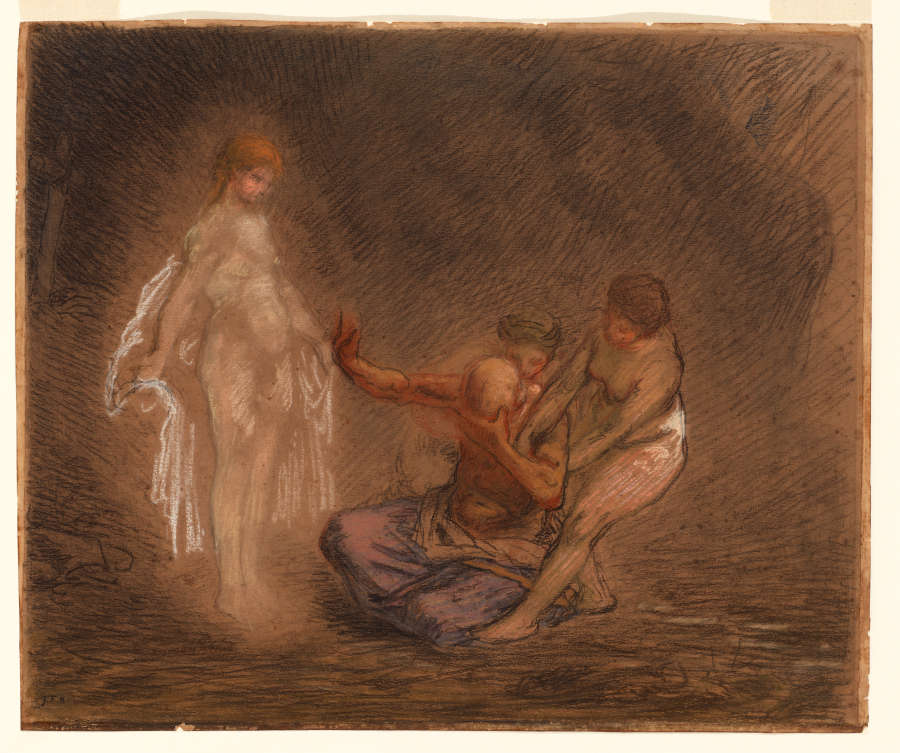A pastel and chalk drawing of Saint Hilarion seated and covering his eyes as a glowing, nude light-skinned woman disrobes before him and two other women pull at his arms.