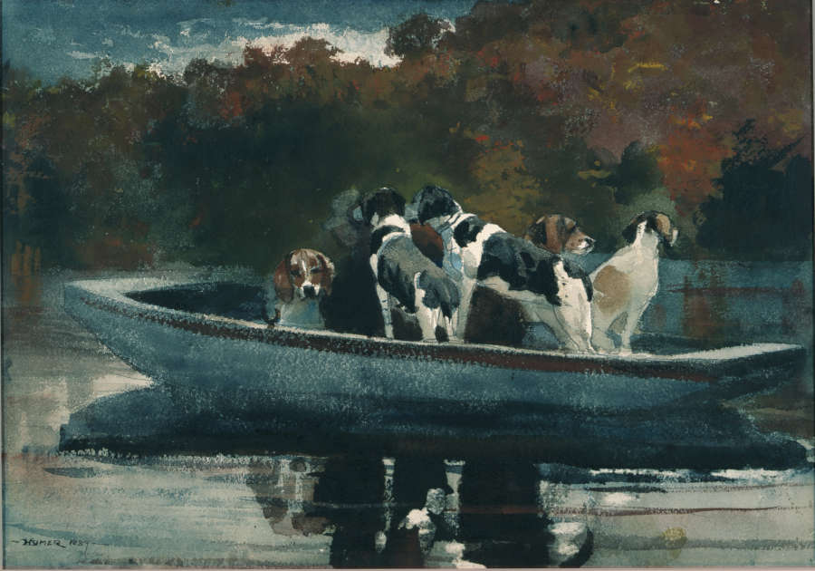 A painting of a pack of alert dogs with black, white, and brown coats gather in a light blue rowboat upon a clear lake with autumnal trees in the background. 