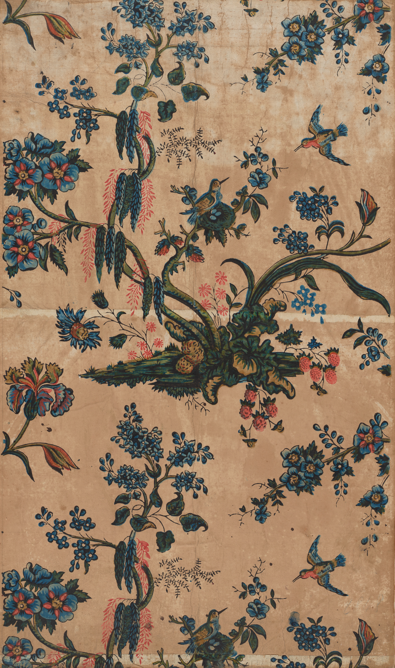 Panel of elegant vintage wallpaper featuring a richly colored central arrangement of exotic birds and flowers interspersed with smaller floral clusters on a faded canvas
