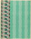 Striped light and dark turquoise wallpaper with white geometric patterning overtop. The left side contains a pink ribbon wrapping around a leaf garland and two brown embellished vertical lines.