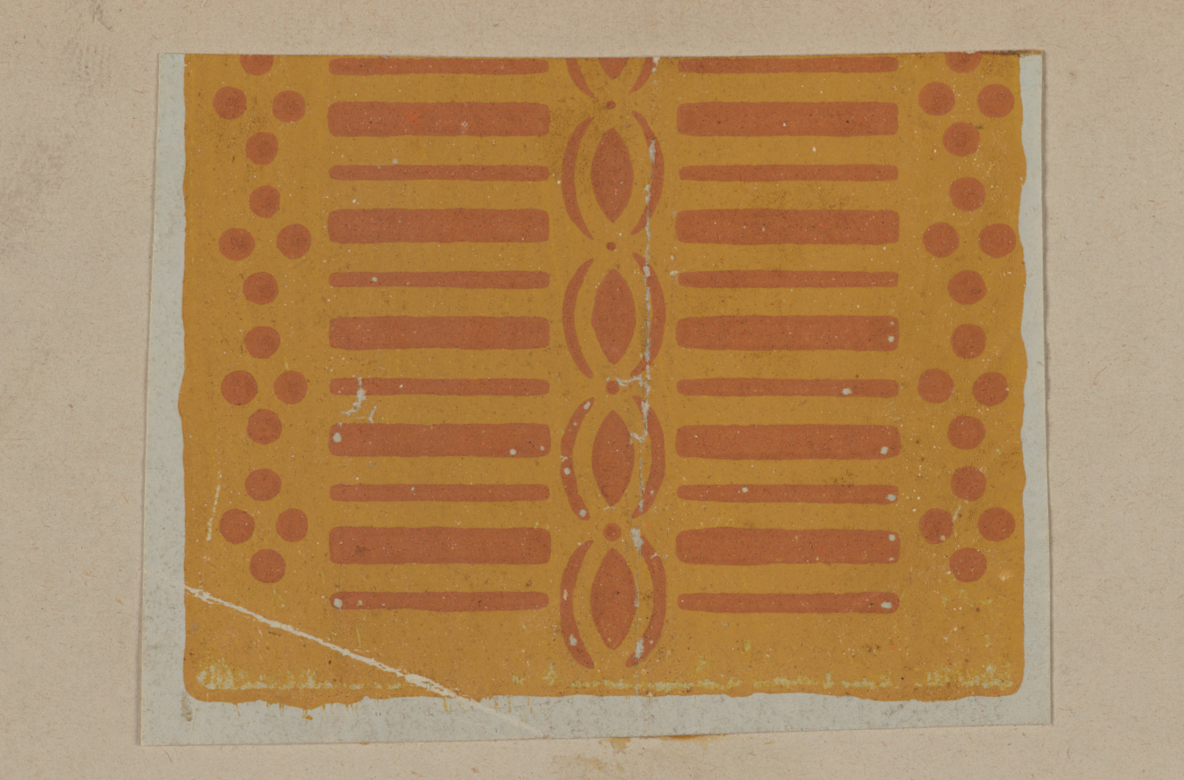 Orange decorative design on a neutral backdrop featuring two rows of horizontal stripes intersected by vertical oval shapes and bordered by a repeating dot pattern.