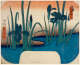 Tall blue flowers rising along the banks of a winding stream, accented by orange panels of calligraphy panels set against a fading orange sky.