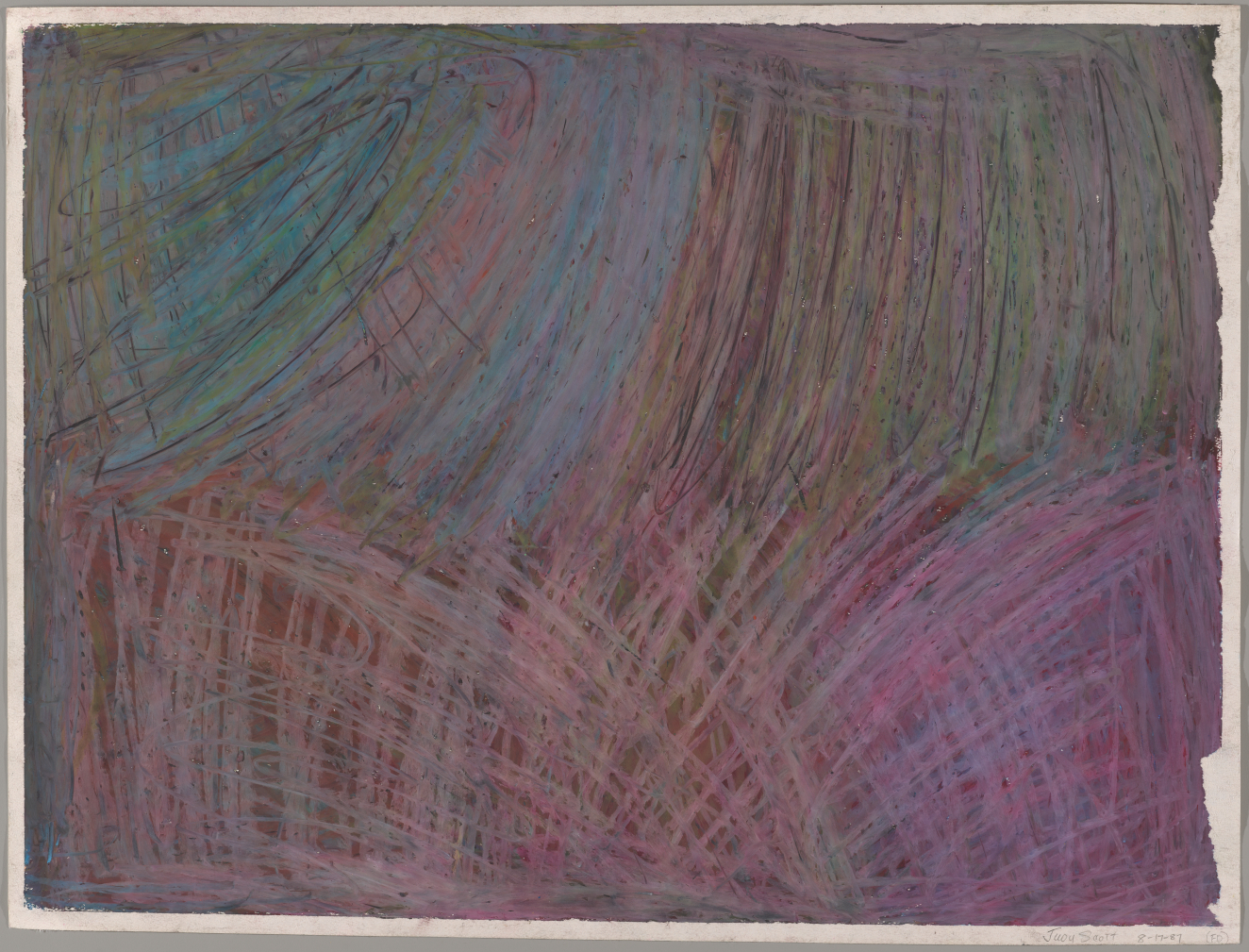 Abstract composition with textured overlapping strokes in muted purples, blue, and greens, creating a textured, hazy atmospheric surface. 