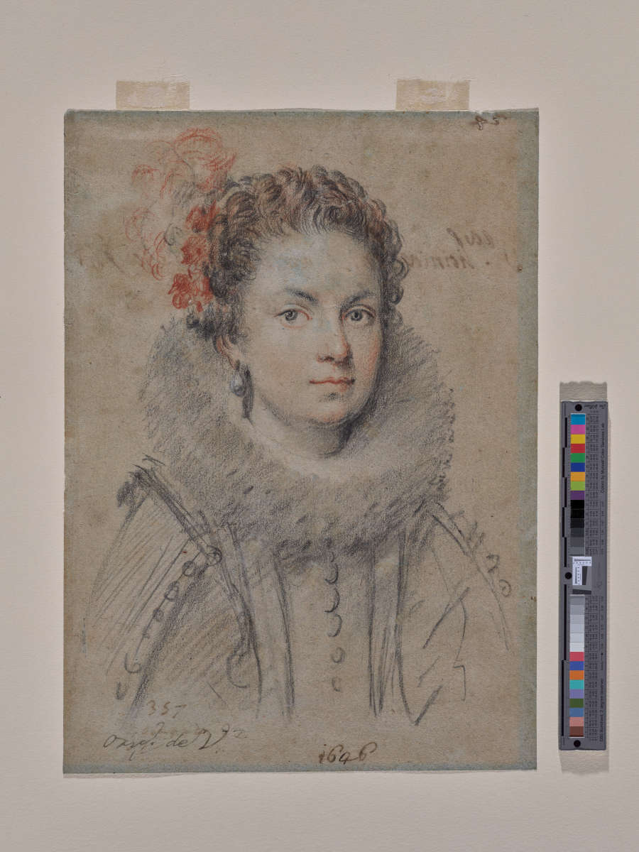 A black, red, and white chalk portrait of an aristocratic white woman gazing at the viewer. She has red flowers in her curly hair, a neck ruff, and pearl earrings.