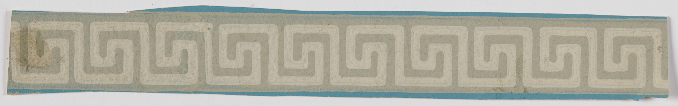 Small gray horizontal border design featuring light gray interconnected geometric spirals framed by thin blue edges.