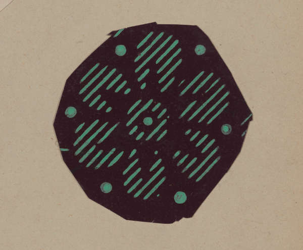 A floral motif constructed of teal stripes that form petals, surrounded by six dots on a dark background.