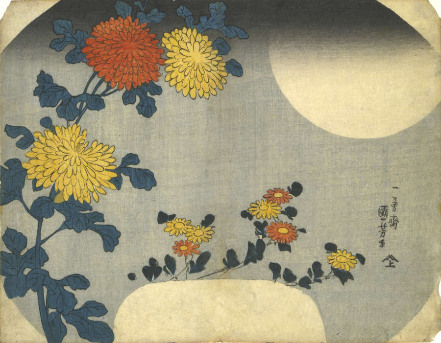 Japanese woodblock print of yellow and orange flowers with blue-green leaves against a background of a large, looming, and pale moon. Calligraphy script is to the left of the composition.