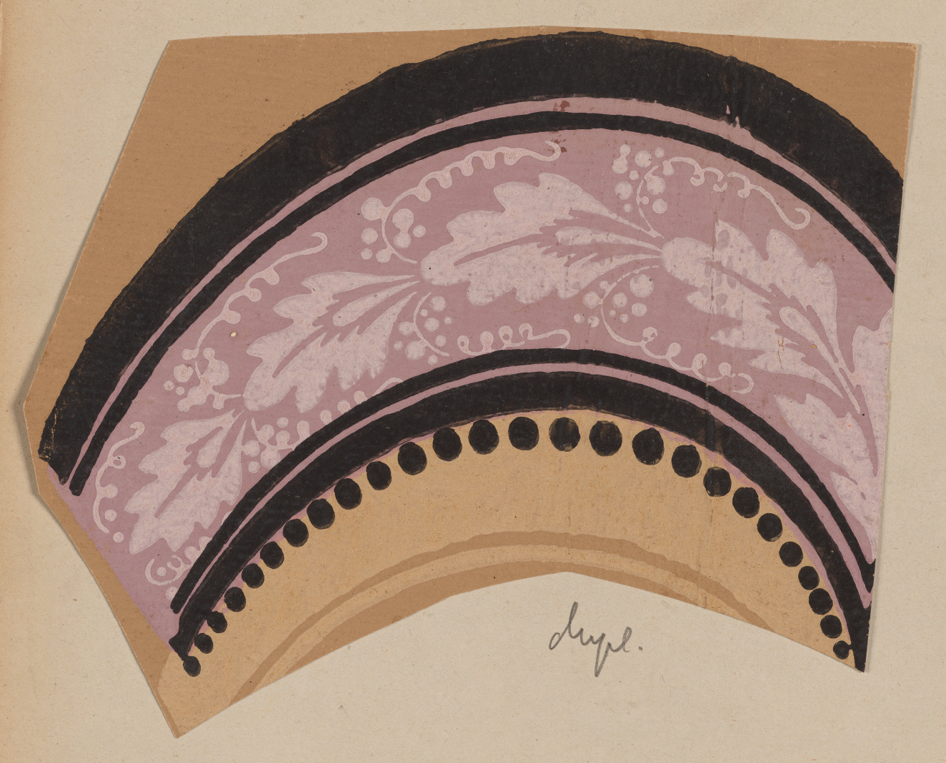 Decorative arched design on a neutral backdrop with intricate pink leaf and floral patterns bordered by bold black lines with a row of black dots below.