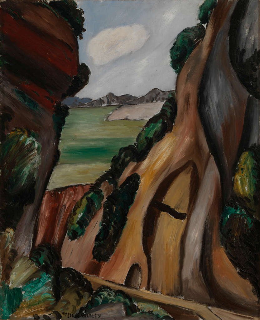 Vertical composition depicting a narrow gorge whose high granite cliffs extend the length of the painting on both sides and are cropped at the upper left and right.