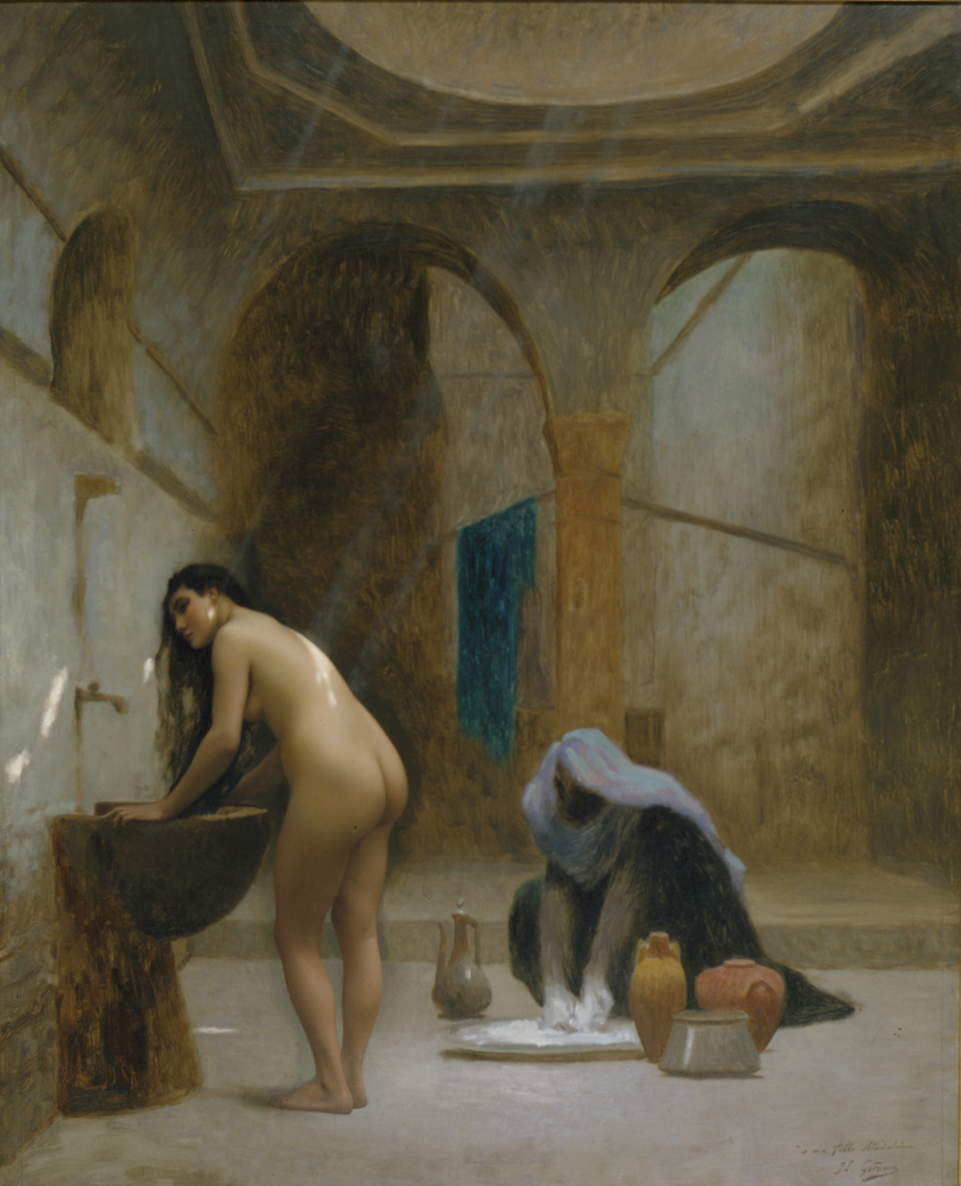 A serene, earthy-toned scene of a nude woman washing her long dark hair in a basin under arched ceilings while a blue-veiled figure tends to vessels on the floor. 