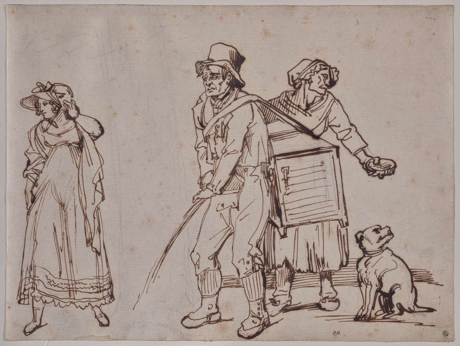 A pen and ink drawing of a young, elegant woman averting her gaze from an organ grinder peeing in the street beside a ragged, older woman in feeds a dog.