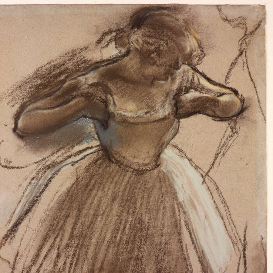 Brown pastel with subtle shading and expressive lines depicting a woman wearing a tutu lit from behind, looking down with her arms raised up to her chest in a pose.