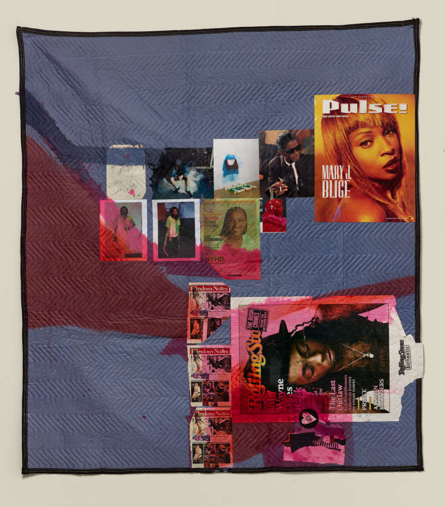 Blue quilt with pop culture posters, magazines, and photographs collaged on top. The college is overlaid by translucent red and blue triangles and lines.