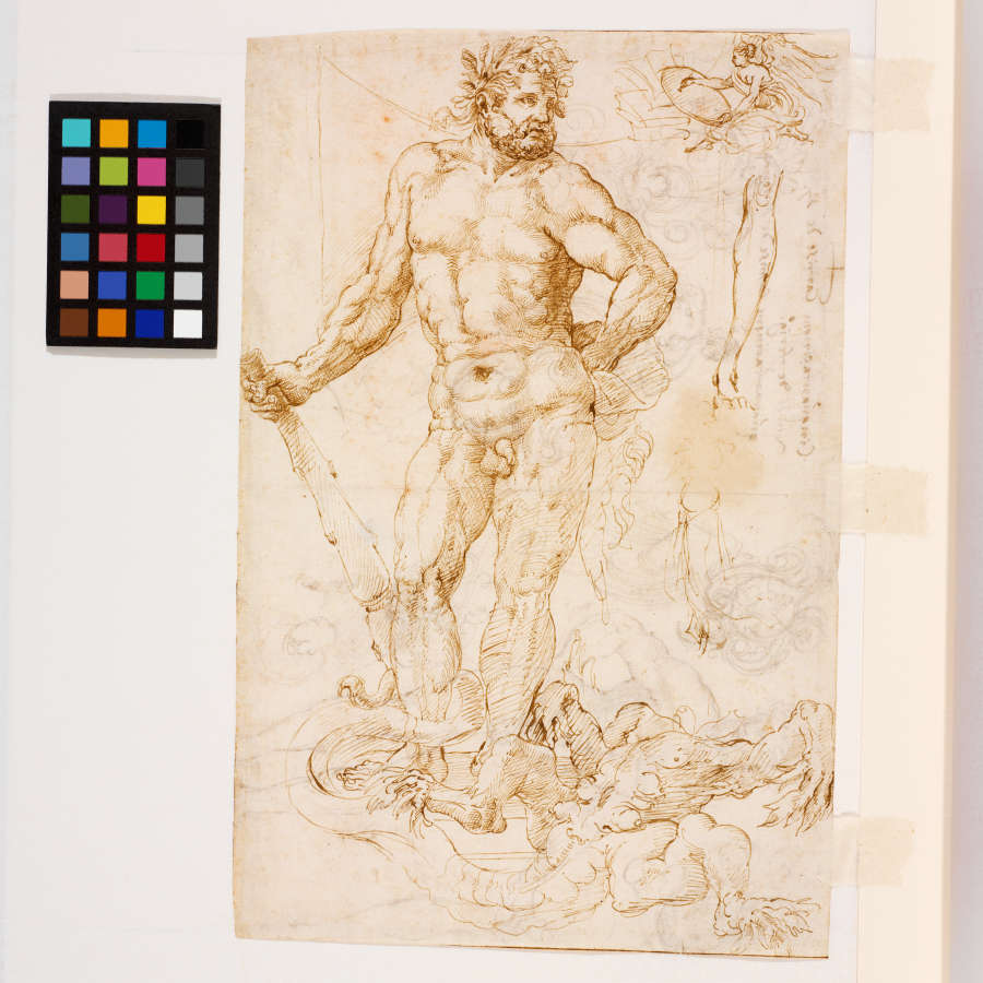A drawing of a nude Hercules standing contrapposto over the defeated Hydra’s body. In the background are sketches for other artworks including a winged woman drawing at the upper right.