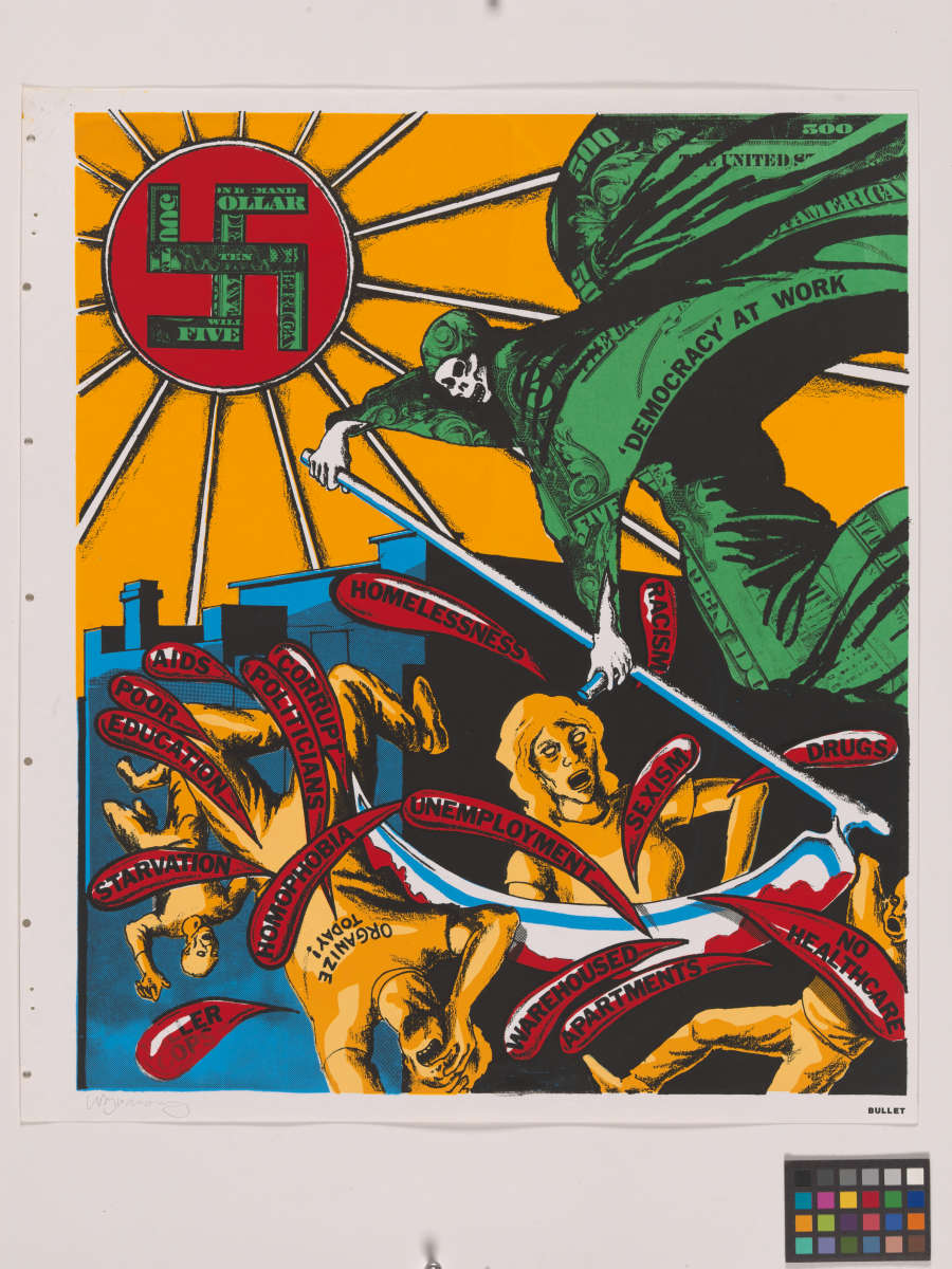 A red sun emblazoned with a swastika looms over a Grim Reaper in a money suit. Slicing figures below, its scythe produces blood inscribed with welfare, health, and security issues.