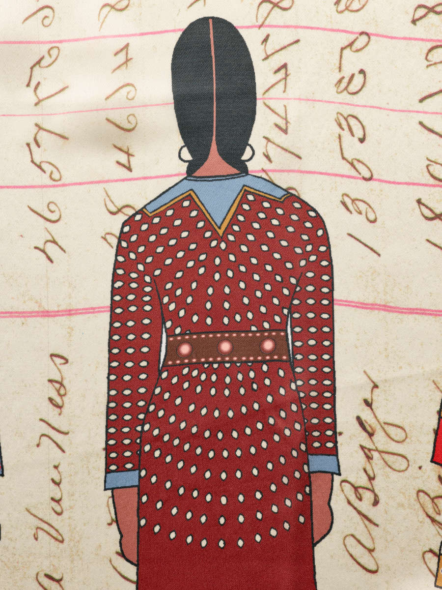 Scarf detail, showing the back of a figure with braided hair in a red dotted dress with a blue collar and belt. The background features pink lines and scripture patterning.