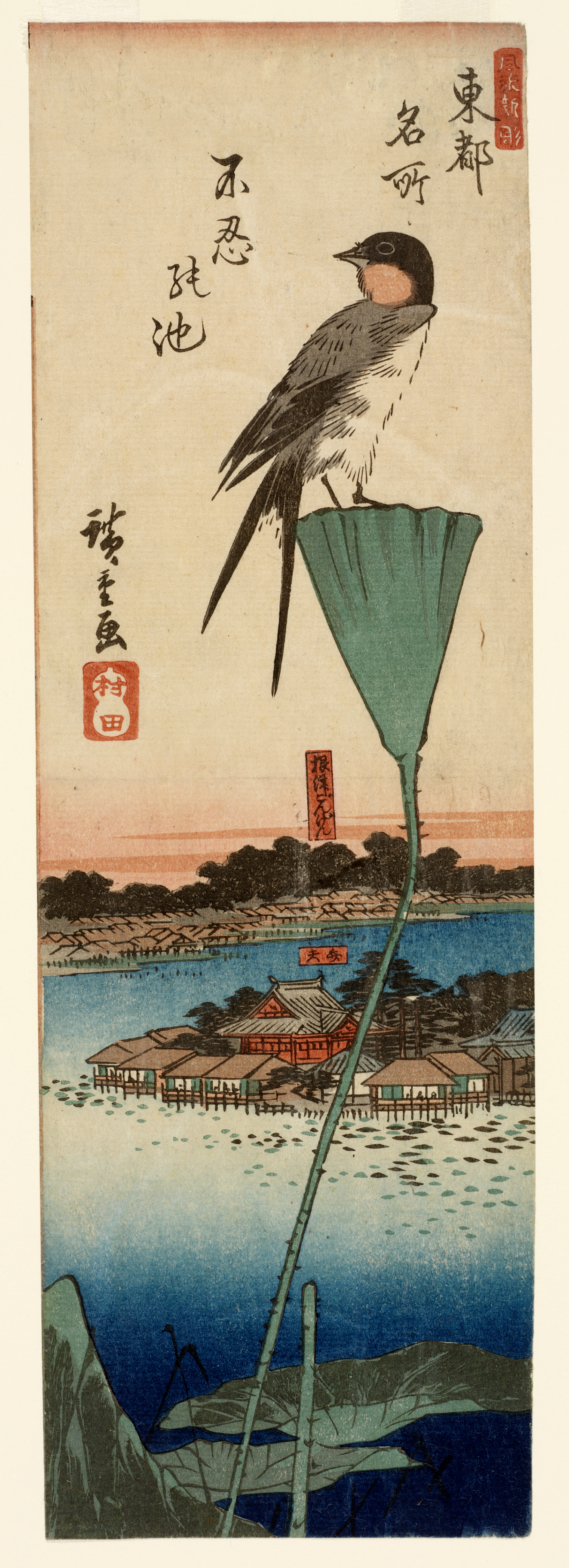 A black and red bird perches on a tall green stem overlooking a lake a sunset, at the center of which is a town with wooden houses.