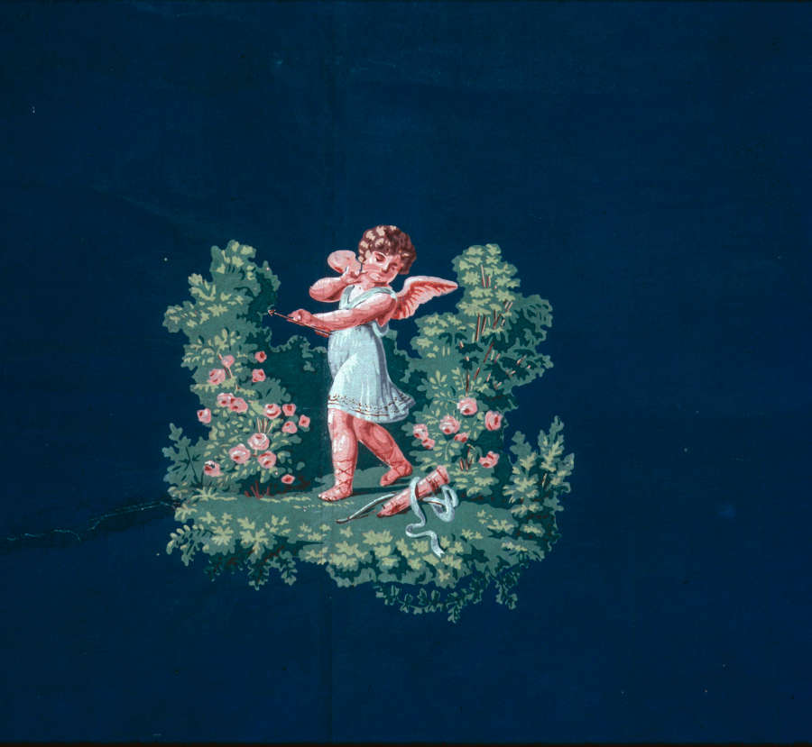 Pastoral scene of a winged cherub playing in a patch of lush greenery and blooms, contrasting with the rich blue surrounding background.