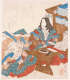 A seated figure in patterned robes writing on a low desk, surrounded by scrolls and stacks of paper. 