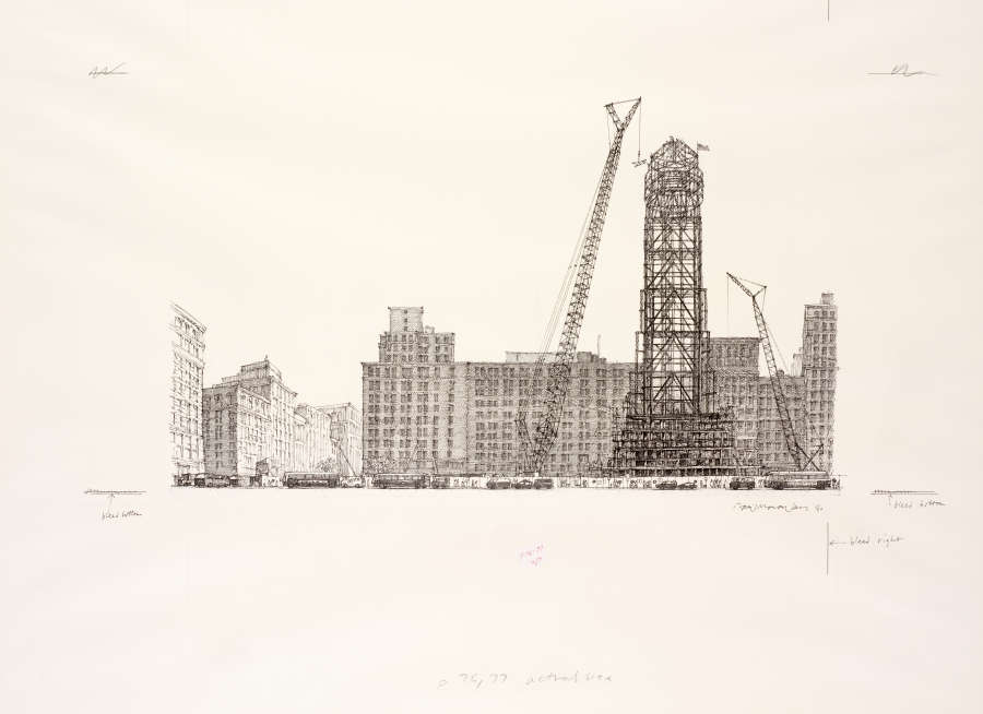 Detailed black-and-white ink illustration depicting a cityscape with tall, partially complete central scaffolded tower surrounded by construction cranes and shorter buildings. 