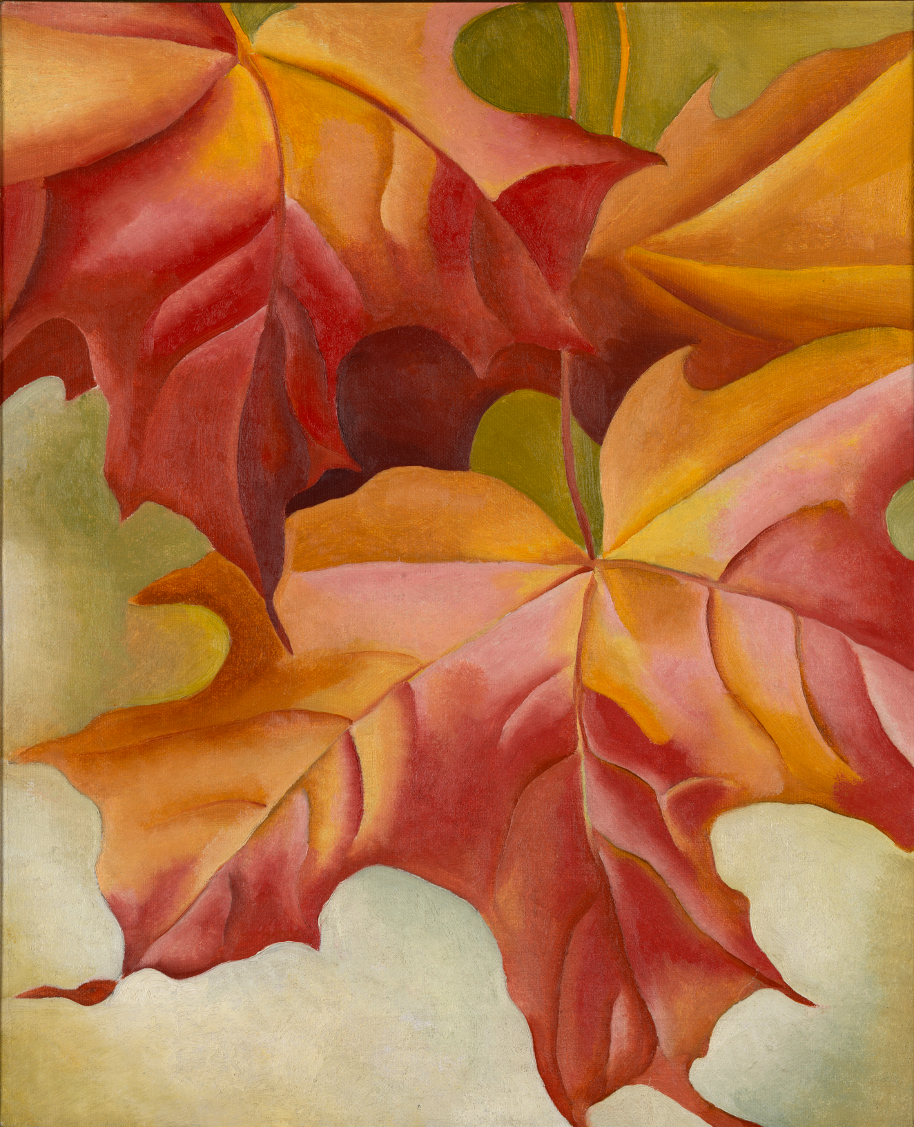 A painting of a close-up of autumn leaves in shades of soft but vibrant red, orange, yellow, against a green background. 