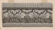 Rectangular painted border design in shades of gray with dark lines imitating carvings. Depicts repeating florals and leaves placed between gray horizontal stripes on the top and bottom.