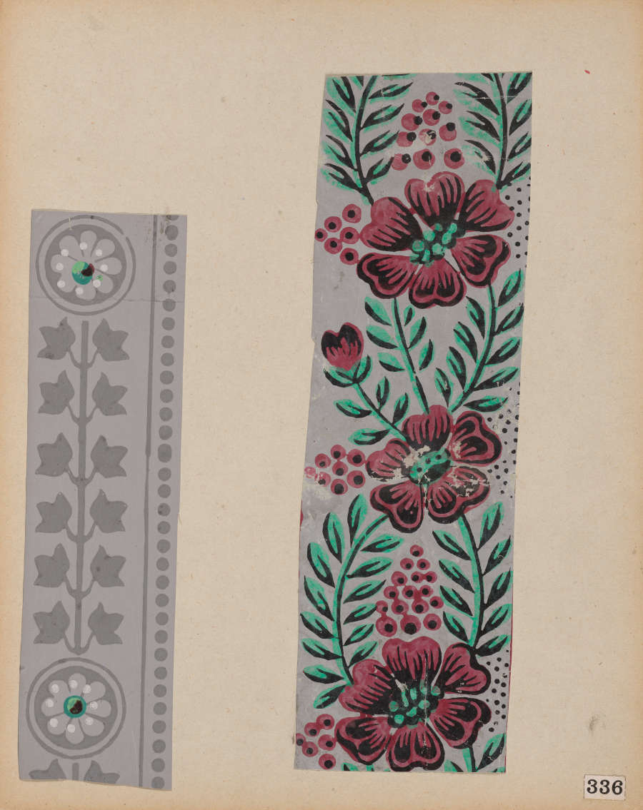 Two vertical bands: a gray design with leaf and circle motifs and a vibrant floral design with pink flowers, green leaves, and clusters of red circles on gray.