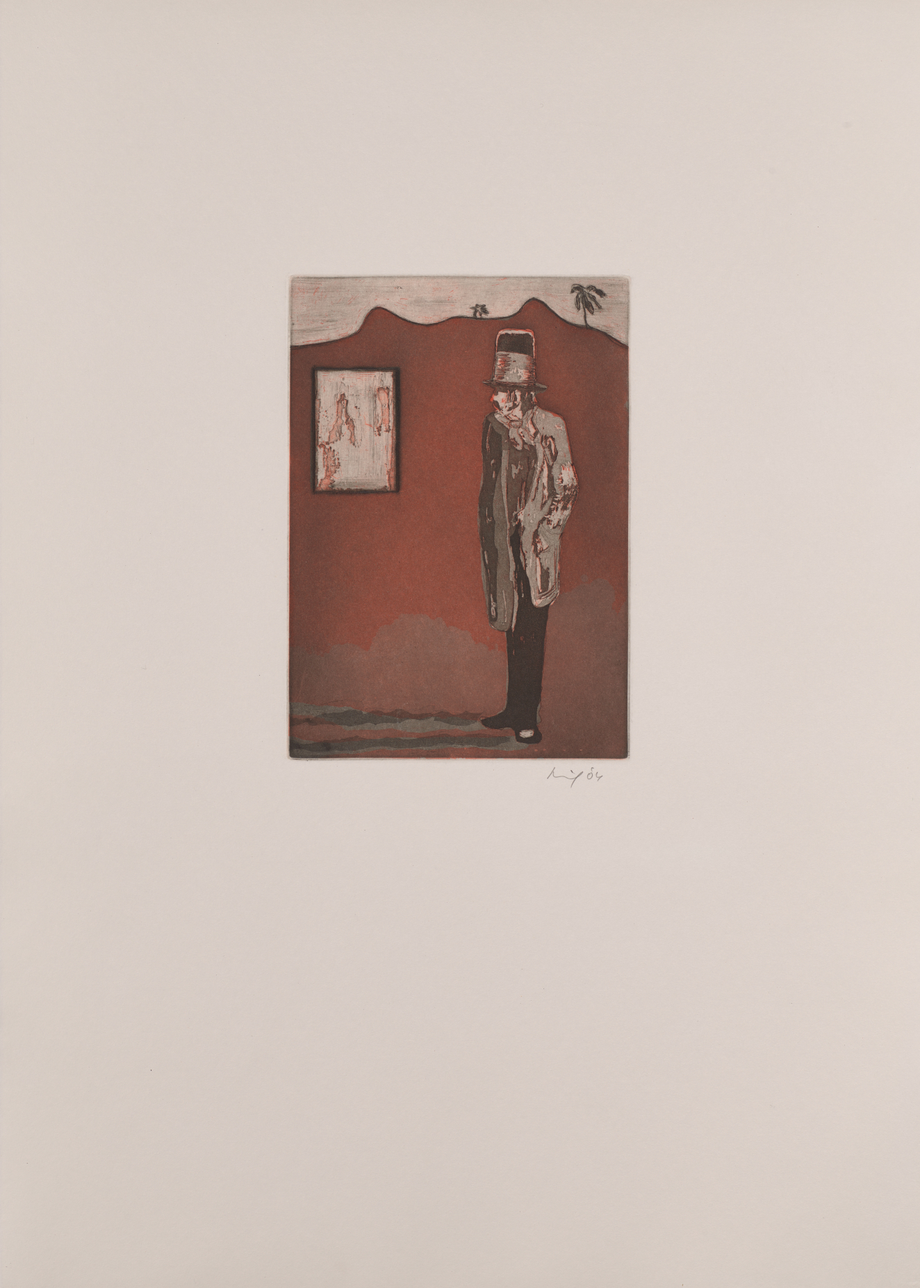 Red-toned print of a tall figure in a gray suit and top hat against a deep-red background. He is looking to the left towards a framed image.