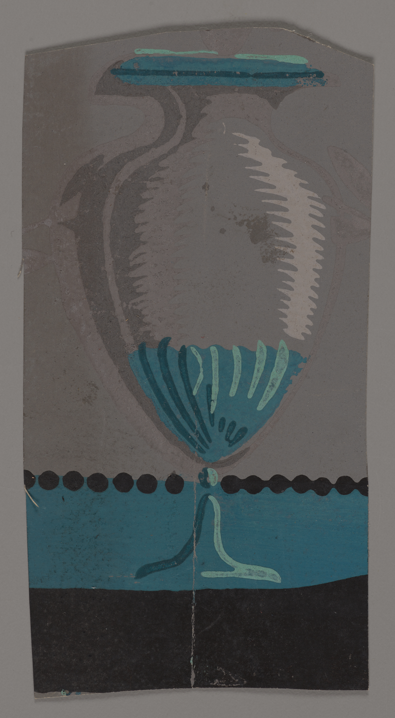 Ornamental design of a vase in dark grays and blues with light highlights above a background split by a black dotted line, blue and black below and gray on top.