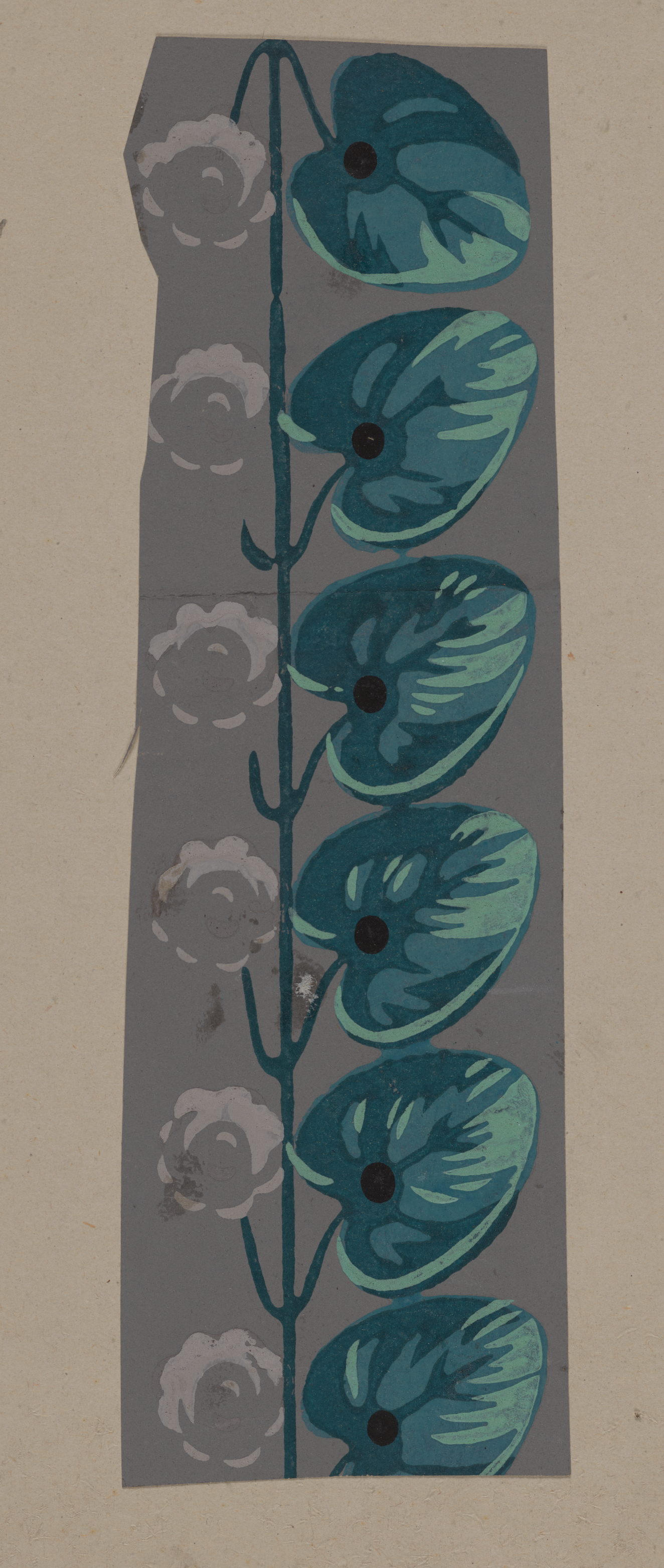 Gray vertical strip on a neutral background. Featuring subtle gray flowers paired to intricately shaded teal leaves with a black dot accent and connected to a teal central stem.