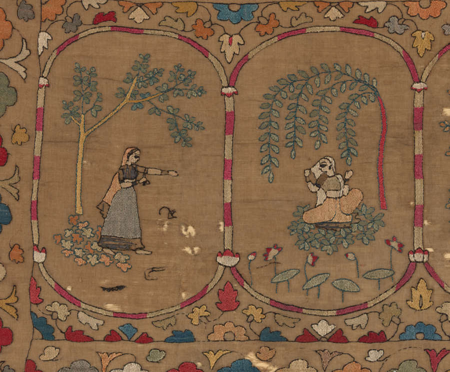 Two subsections of a row of illustrations, framed by colorful floral motifs, showing a figure beside a tree on the left, and a figure sitting under a tree on the right. 