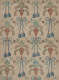 Segment of vintage wallpaper featuring a symmetrical repetitive pattern. The elegant print includes blue, pink, and green tassel motifs placed alongside floral designs; set on an off-white background.